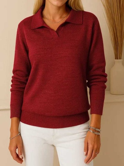 Women's Solid Color Collared Long-sleeved Casual Loose Knit Pullover