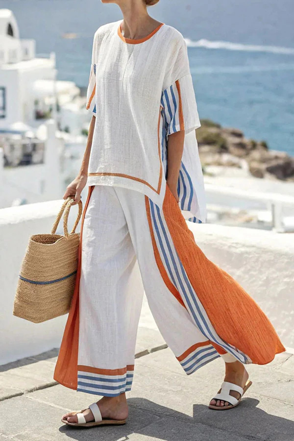 Women’s Boho Linen Two-Piece Set with Oversized Top and Wide-Leg Pants, Resort Vacation Outfit
