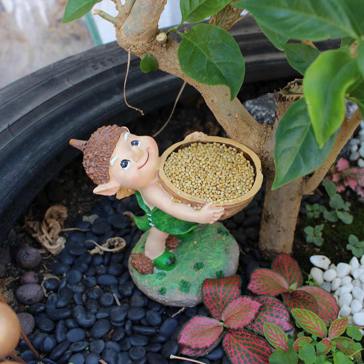 Elf Hand Held Walnut Bird Bath Bowl Bird Feeder