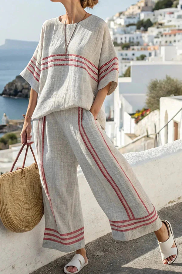 Women’s Boho Linen Two-Piece Set with Oversized Top and Wide-Leg Pants, Resort Vacation Outfit
