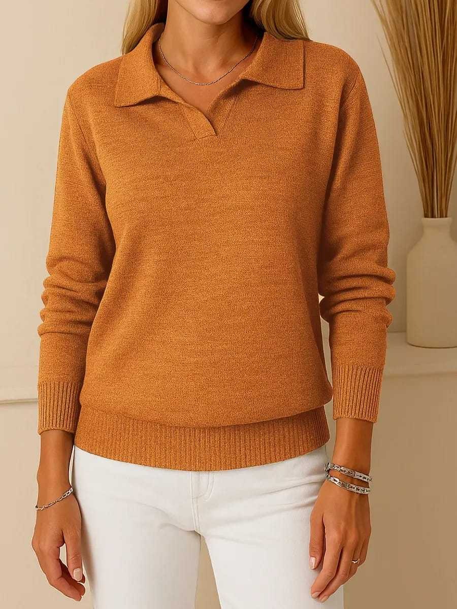 Women's Solid Color Collared Long-sleeved Casual Loose Knit Pullover