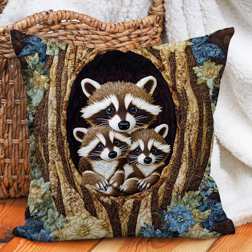 Raccoon Family Tree Hollow Quilted Pillow