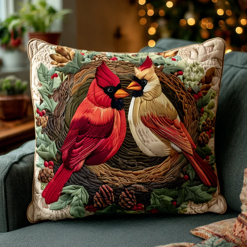 Winter Cardinal Pair Quilted Pillow