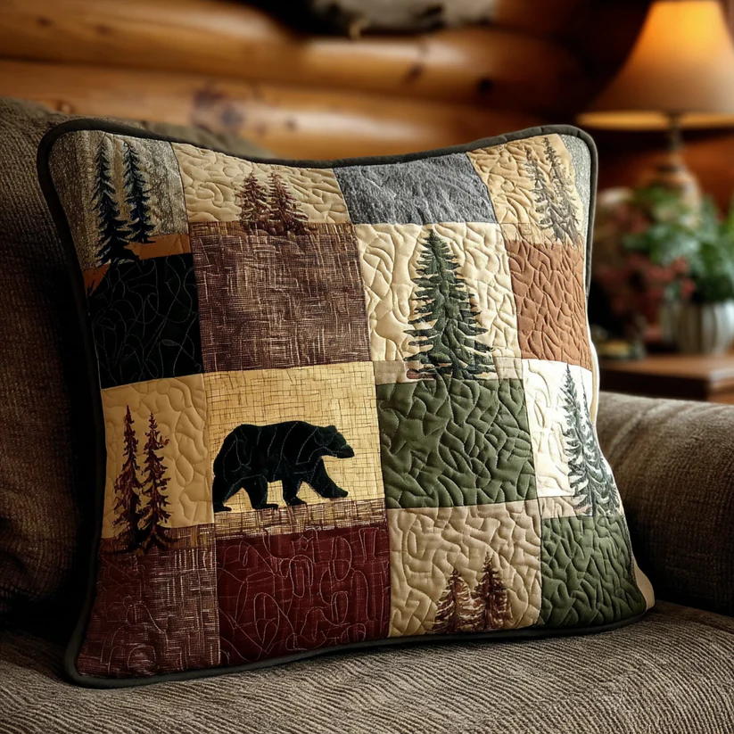 Rustic Forest Bear Patchwork Quilted Pillow