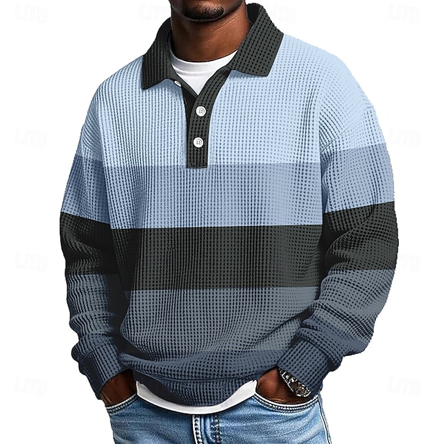 Men's Horizontal Stripes Waffle Polo Shirts Textured Long Sleeve Polo Shirts