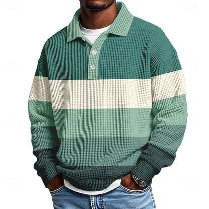 Men's Horizontal Stripes Waffle Polo Shirts Textured Long Sleeve Polo Shirts