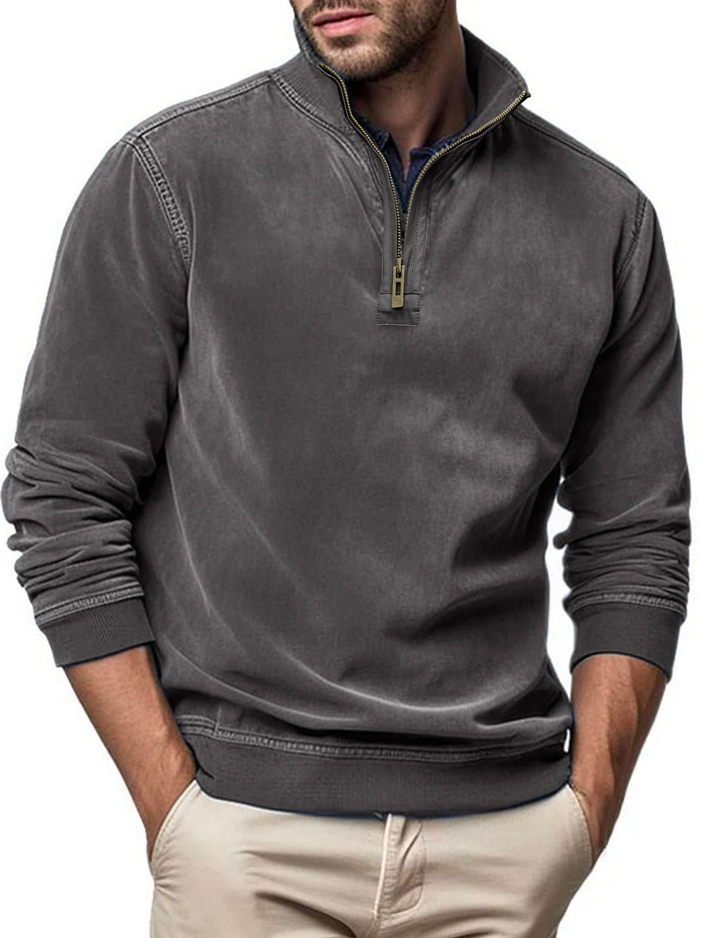 Men's Fashion Long Sleeve Zip Stand Collar Polo Shirt