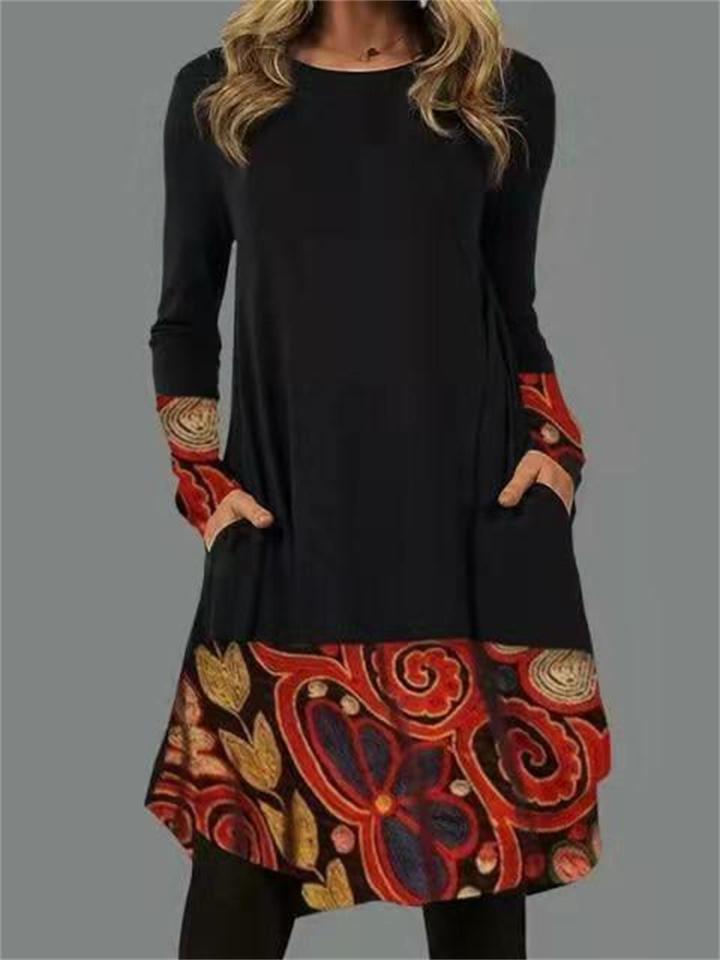 Women’s Comfortable Casual Long Sleeve Printed Pocket Dress