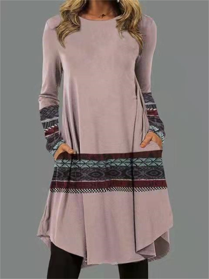 Women’s Comfortable Casual Long Sleeve Printed Pocket Dress
