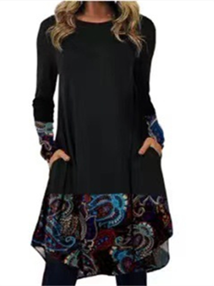 Women’s Comfortable Casual Long Sleeve Printed Pocket Dress