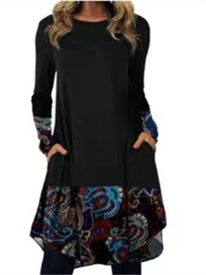 Women’s Comfortable Casual Long Sleeve Printed Pocket Dress