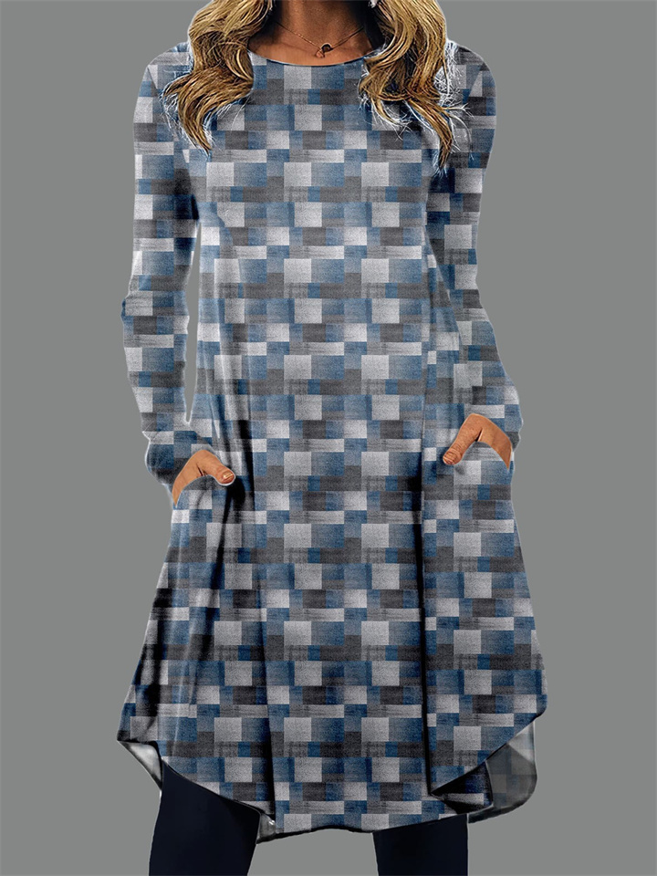 Women’s Comfortable Casual Long Sleeve Printed Pocket Dress