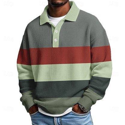 Men's Horizontal Stripes Waffle Polo Shirts Textured Long Sleeve Polo Shirts