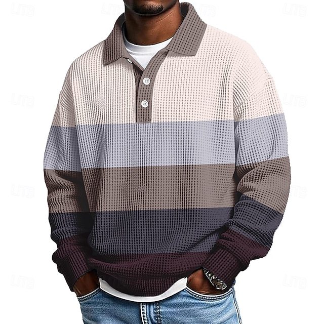 Men's Horizontal Stripes Waffle Polo Shirts Textured Long Sleeve Polo Shirts