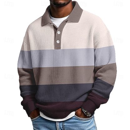 Men's Horizontal Stripes Waffle Polo Shirts Textured Long Sleeve Polo Shirts