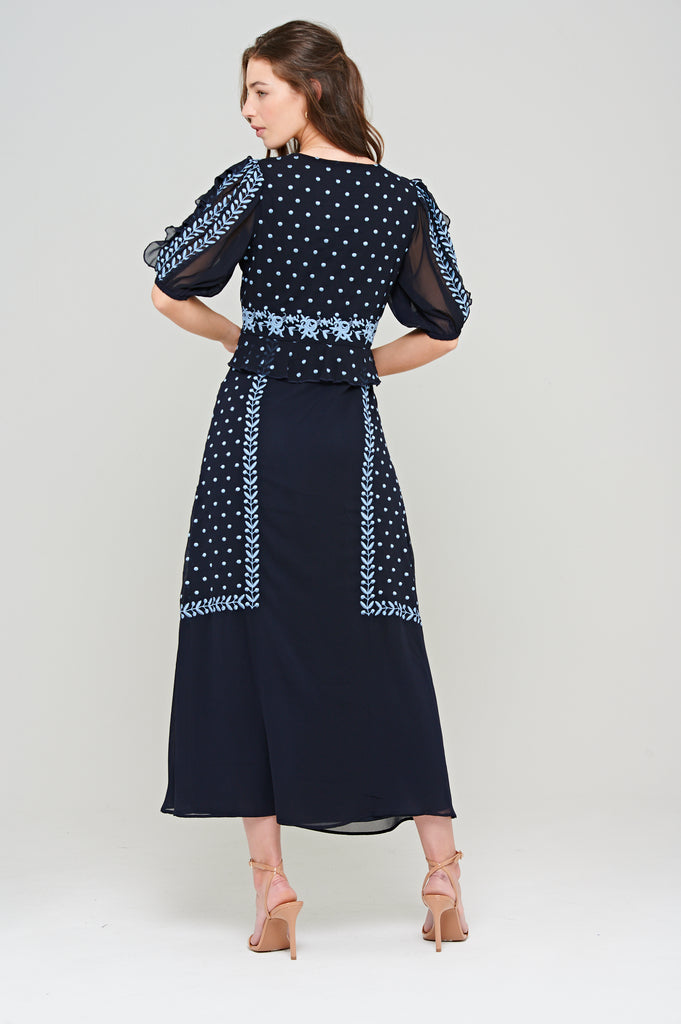 Navy Embroidered Button Through Maxi Dress