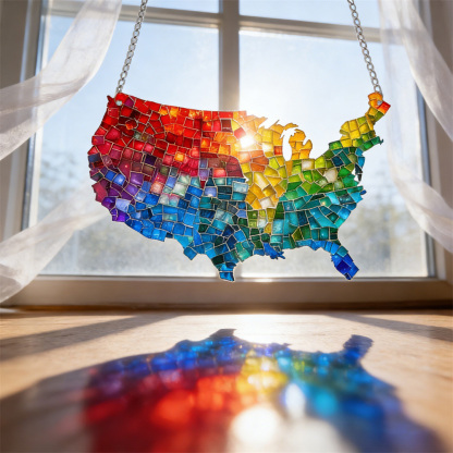 Mosaic-Style USA Map Suncatcher - Hang the Rainbow of America in Your Window