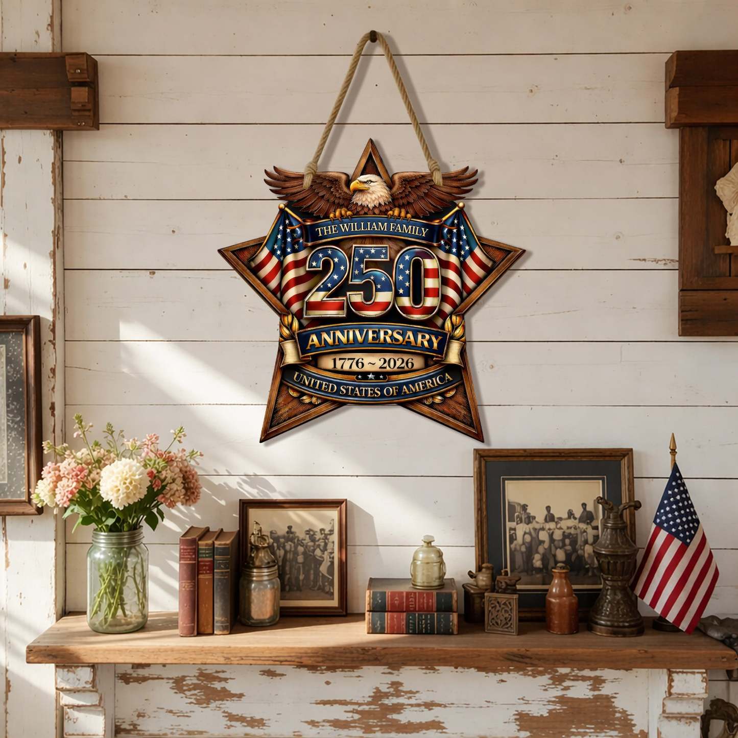 Custom Wood Sign - Personalized America 250th Anniversary Gifts For Mom, Dad, Brother, Sister, Kids - Built On Hope And Courage