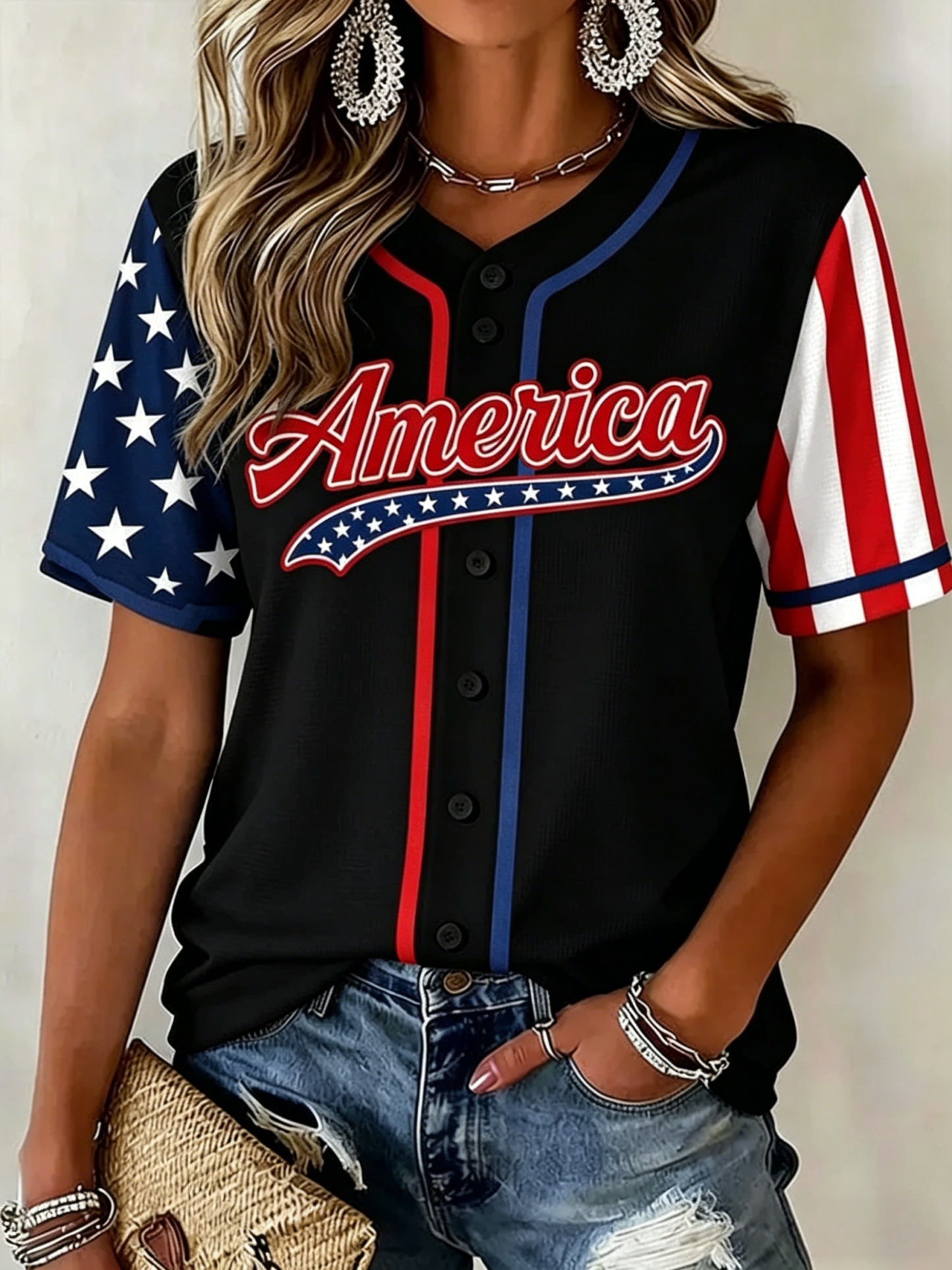 Women'S  American Baseball Print V-Neck Button-Up Shirt
