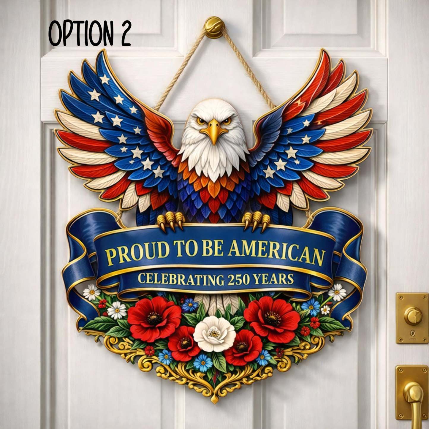 USA 250th Anniversary Wooden Door Sign, 250 Years of Freedom, Patriotic Eagle Door Hanging Decor, American Poppy Flowers Wall Sign