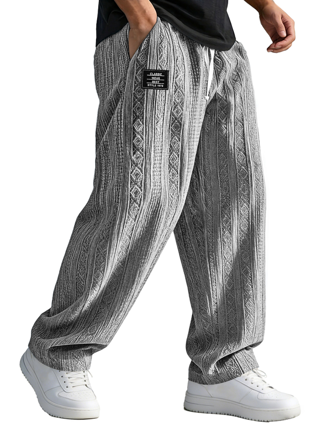 Men's Casual Jacquard Elastic Waist Loose-fitting Trousers With Embroi