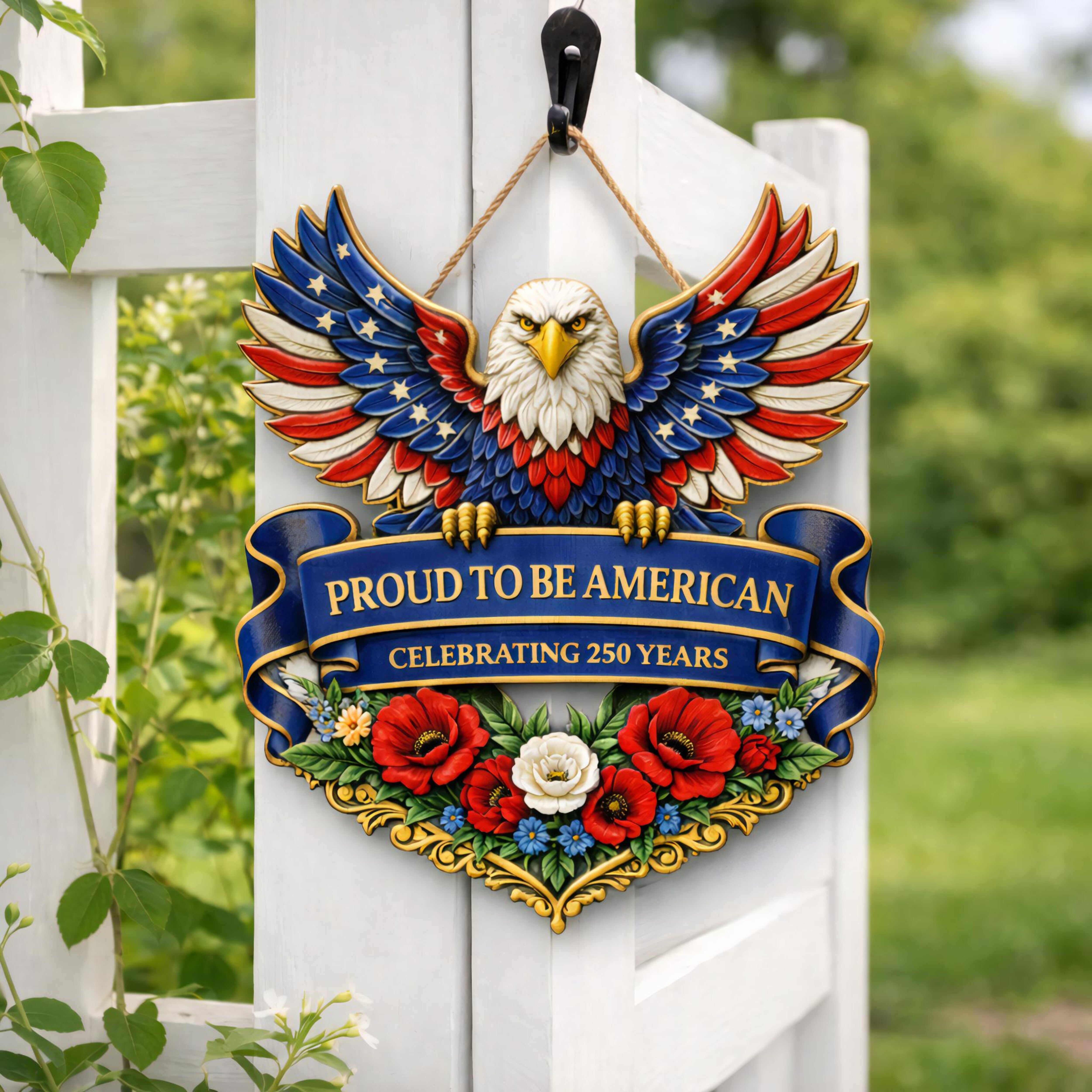 USA 250th Anniversary Wooden Door Sign, 250 Years of Freedom, Patriotic Eagle Door Hanging Decor, American Poppy Flowers Wall Sign