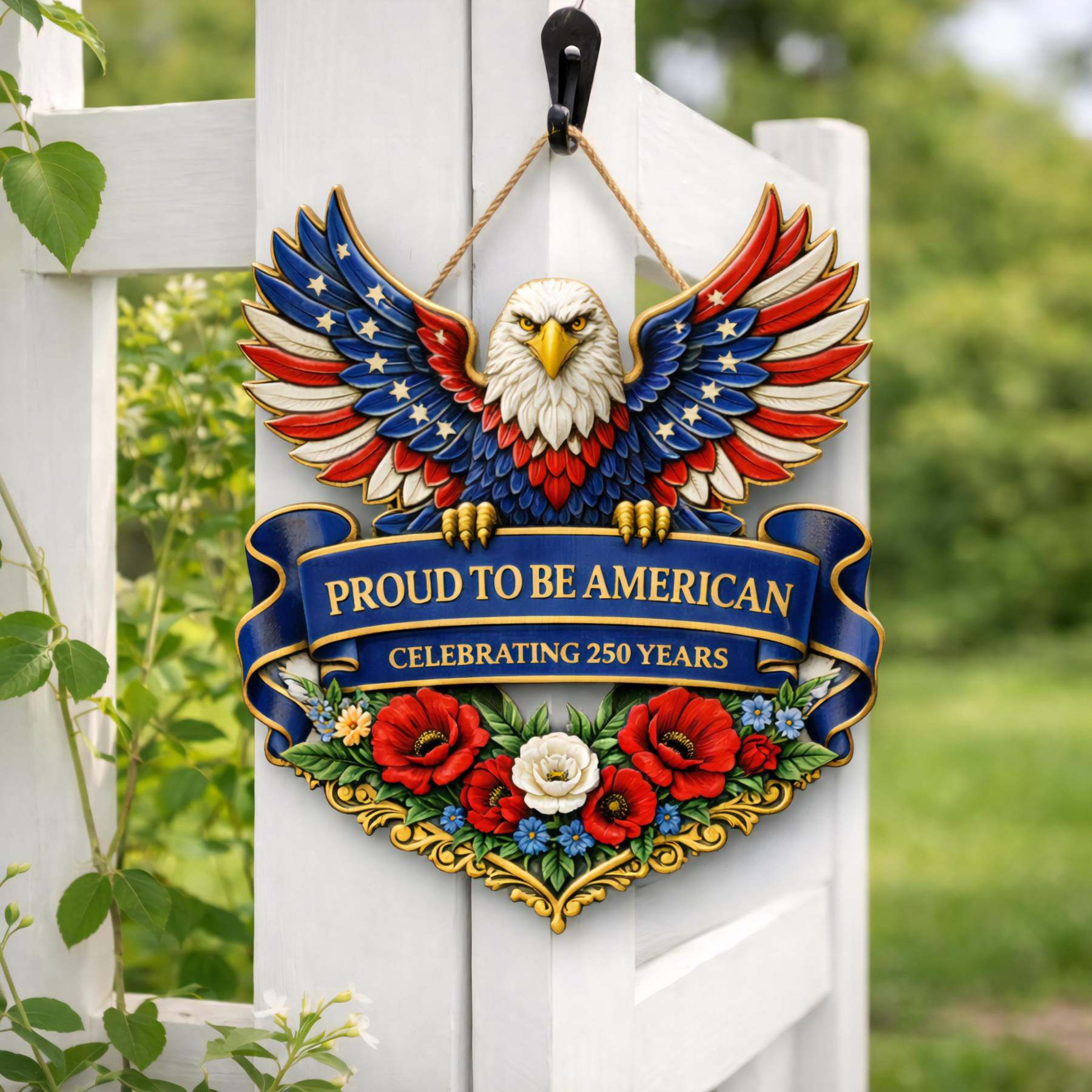 USA 250th Anniversary Wooden Door Sign, 250 Years of Freedom, Patriotic Eagle Door Hanging Decor, American Poppy Flowers Wall Sign