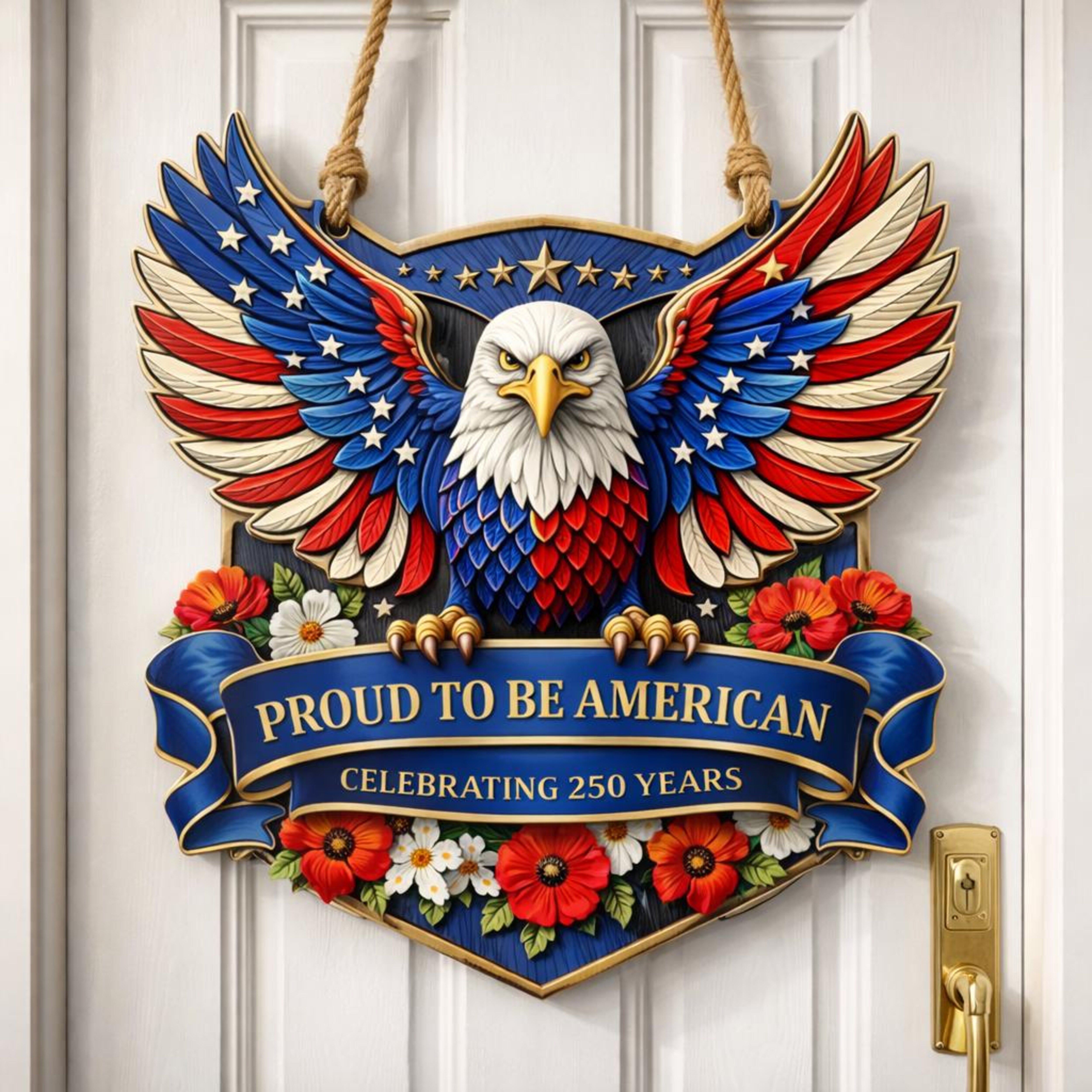 USA 250th Anniversary Wooden Door Sign, 250 Years of Freedom, Patriotic Eagle Door Hanging Decor, American Poppy Flowers Wall Sign