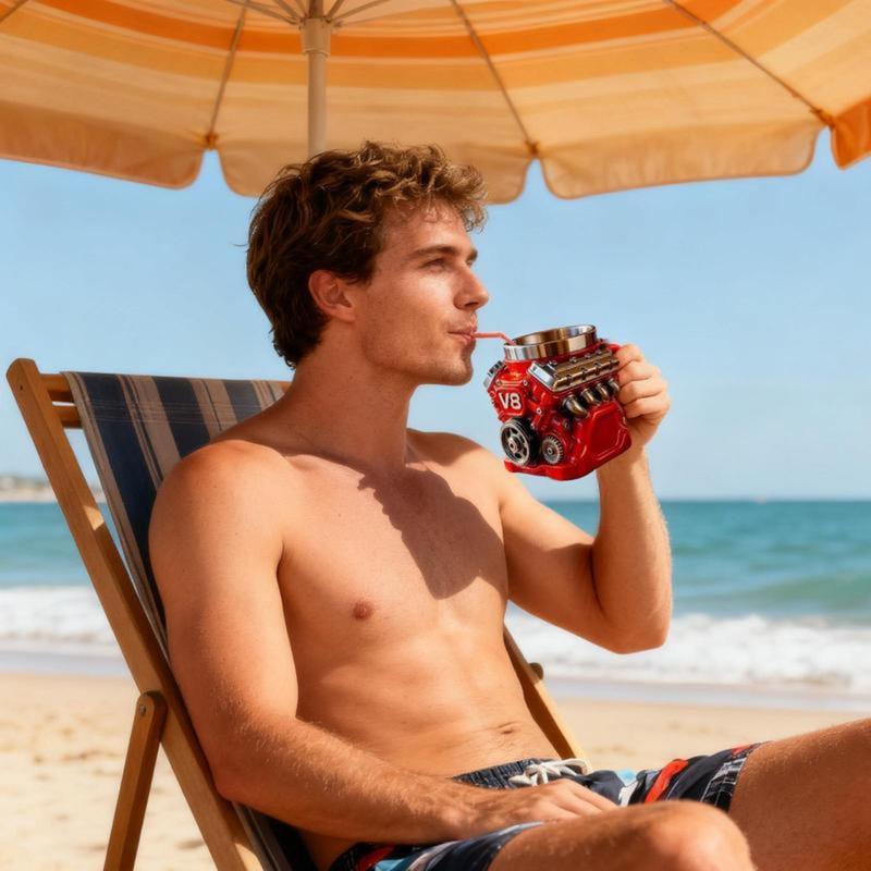 Engine-themed coffee mug, a retro-styled, realistic V8 engine stainless steel mug, a personalized double-walled insulated car mug with a handle, the perfect gift for Father's Day, Christmas, husbands, mechanics, and car enthusiasts.