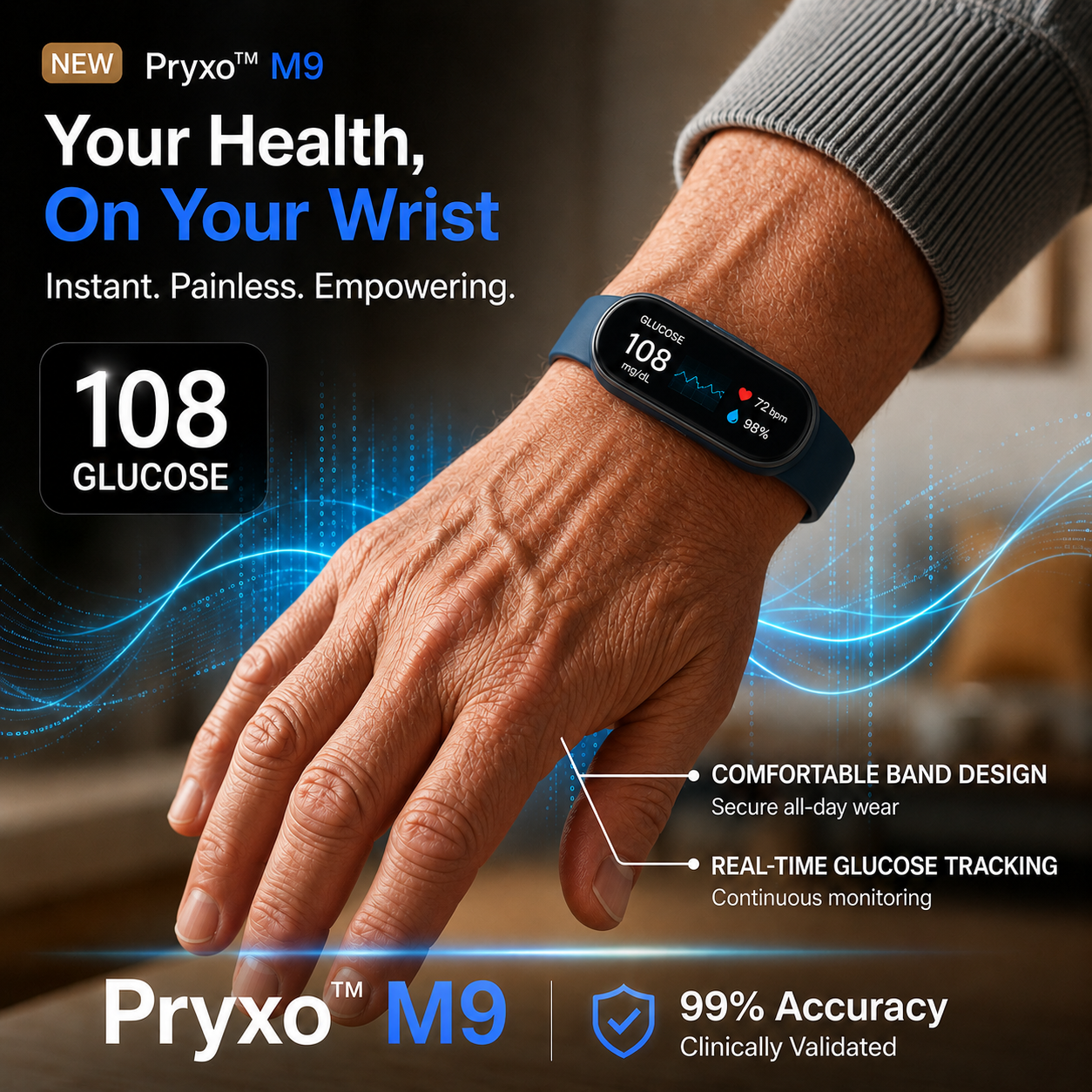 🏆 2026 Pryxo™ M9 Non-Invasive Smart Band 📈12 health reports - No-Prick   