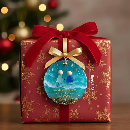 Friendship Sea Glass Christmas Ornament, Ocean Style Timeless Friendship Christmas Bells Flake Keepsake, Shaped by Nature & Crafted by Hand Acrylic Sea Glass Art for Friends (Set of 6)