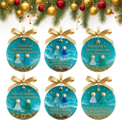 Friendship Sea Glass Christmas Ornament, Ocean Style Timeless Friendship Christmas Bells Flake Keepsake, Shaped by Nature & Crafted by Hand Acrylic Sea Glass Art for Friends (Set of 6)