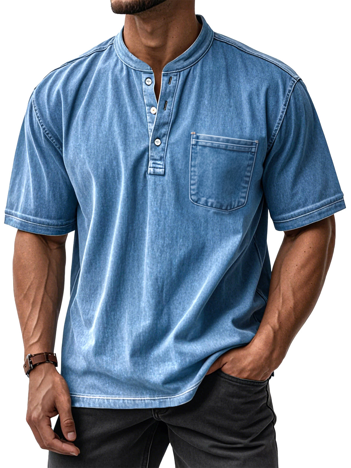 ⏰ TODAY ONLY🔥Clearance Sale!🔥 Men's Casual Solid Color Vintage Loose Pocket Short Sleeve Button-down Henley Shirt