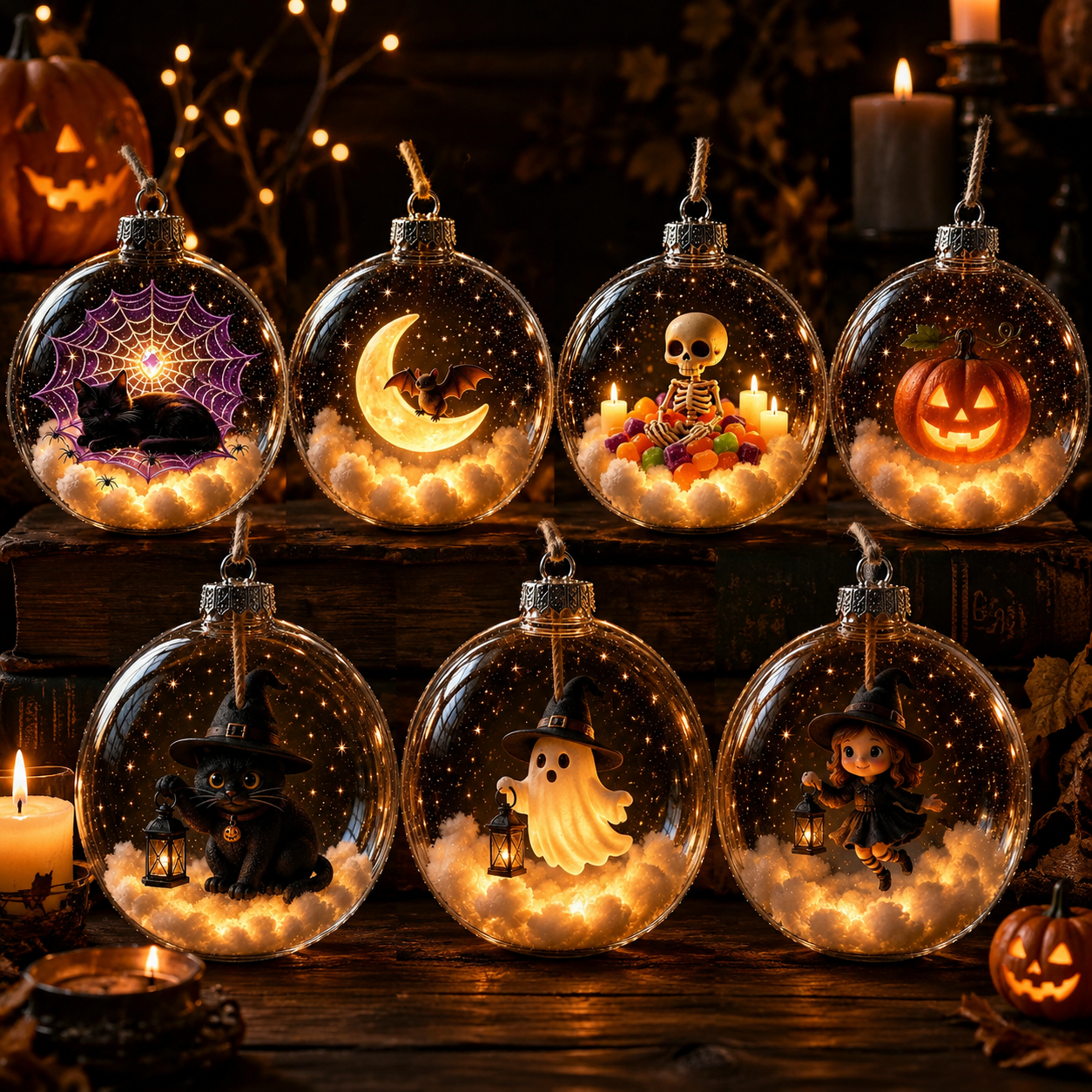 🎃 Halloween Glowing Mini Ornament Collection – Cat / Witch / Pumpkin / Ghost Lighted Decor