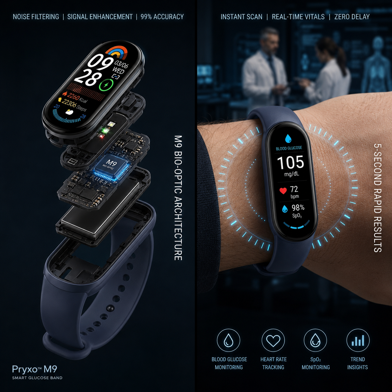 🏆 2026 Pryxo™ M9 Non-Invasive Smart Band 📈12 health reports - No-Prick   