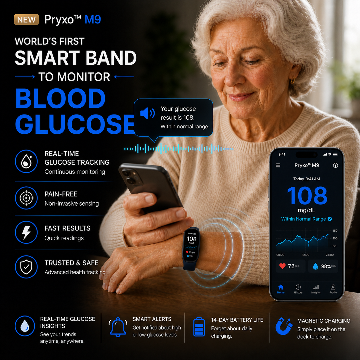 🏆 2026 Pryxo™ M9 Non-Invasive Smart Band 📈12 health reports - No-Prick   