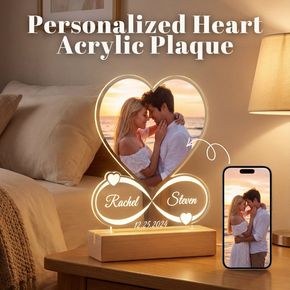 Custom Acrylic Plaque – Personalized Heart Design with Photo, Names, and Date