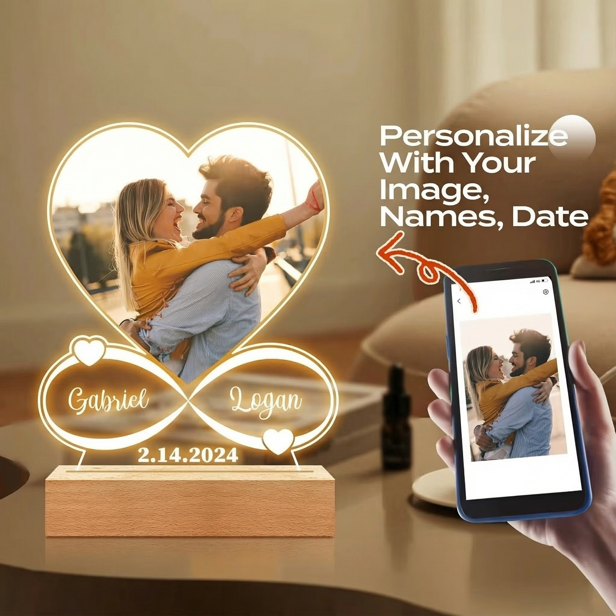 Custom Acrylic Plaque – Personalized Heart Design with Photo, Names, a