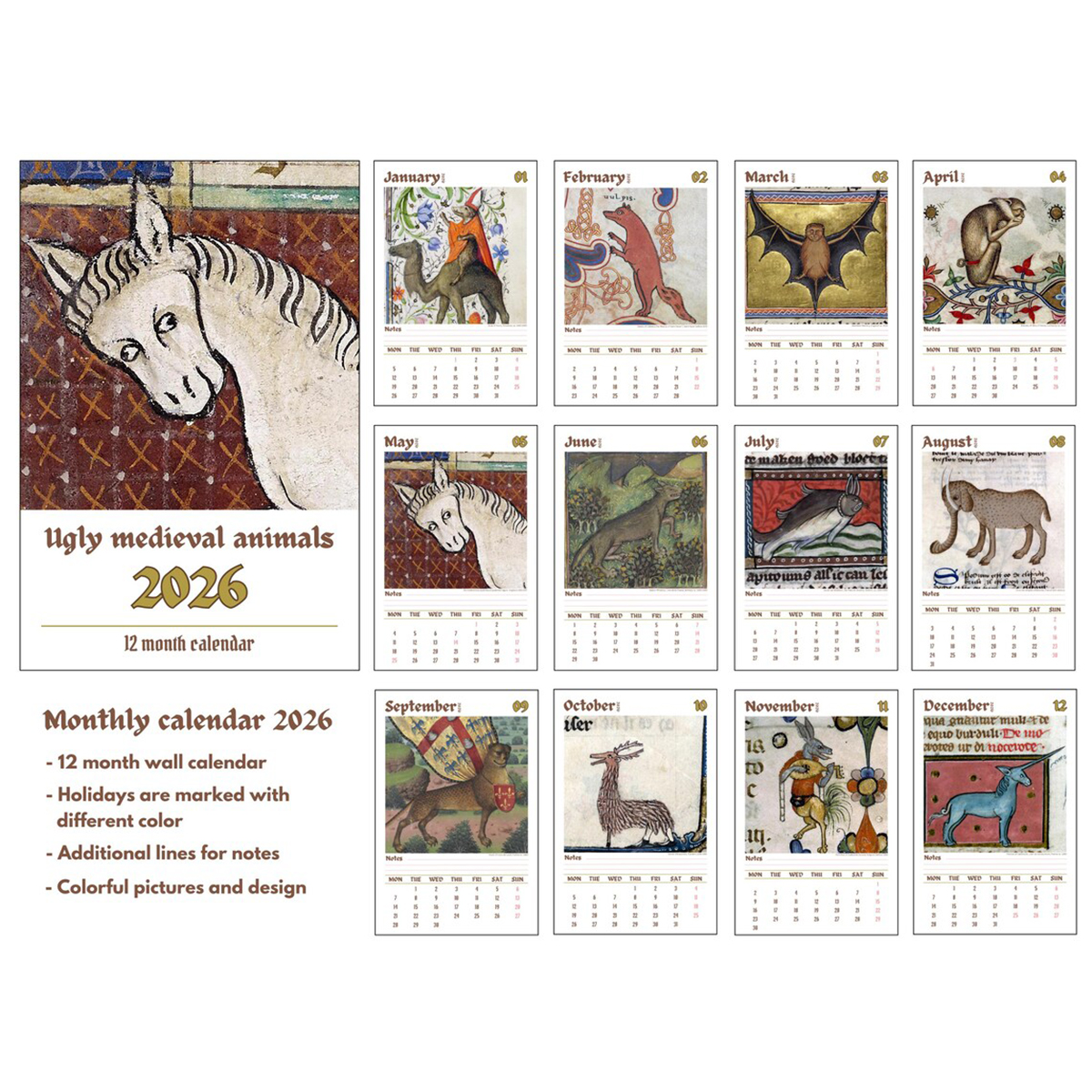 ​​Ugly Medieval Animals 2026 Wall Calendar