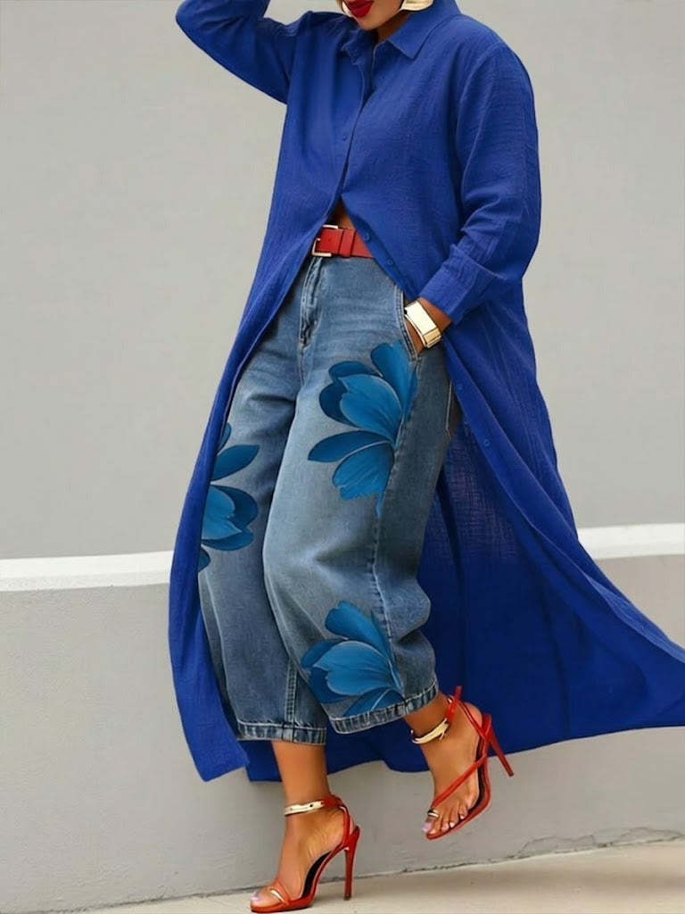 Women's Artistic Ink Print High Waist Stretch Casual Jeans