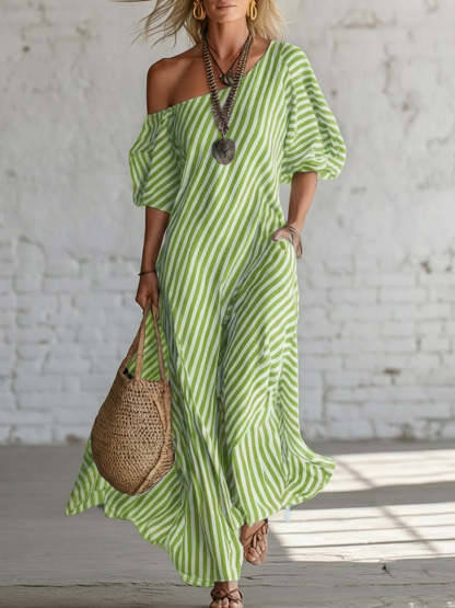 Elegant And Classic Striped Off-shoulder Maxi Dress (Plus Size Friendly)