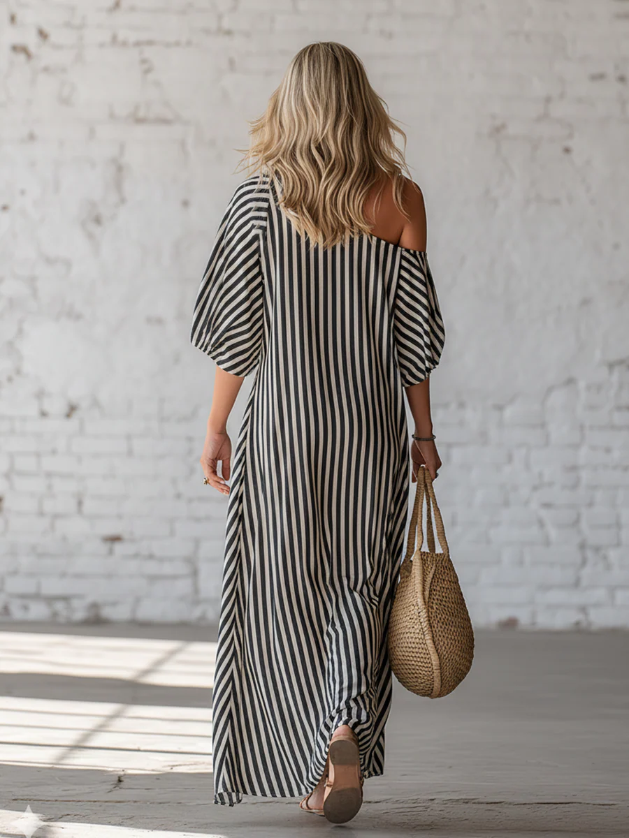 Elegant And Classic Striped Off-shoulder Maxi Dress (Plus Size Friendly)