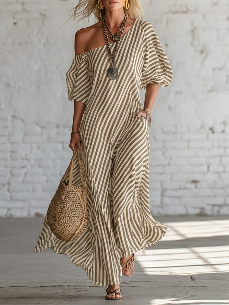 Elegant And Classic Striped Off-shoulder Maxi Dress (Plus Size Friendly)