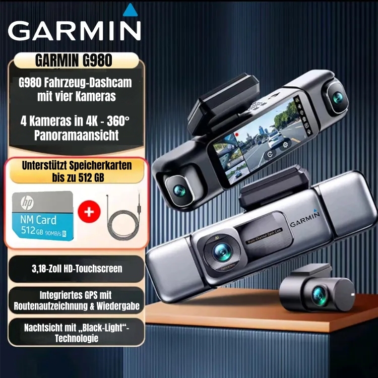 4-K Dashcam mit vier Kameras, 360° Panorama, Nachtsicht & GPS-Tracking für lückenlose Fahrtaufzeichnung