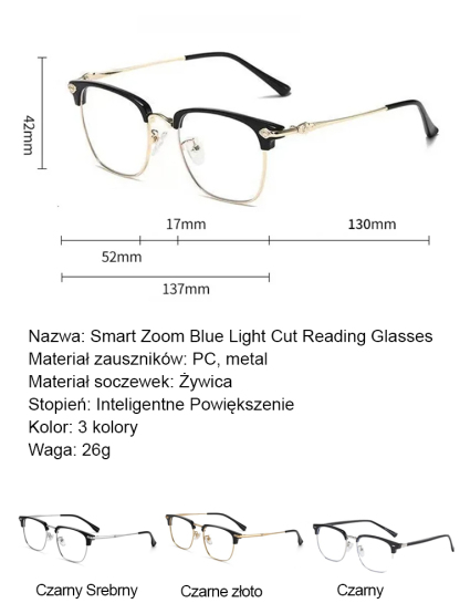 Automatyczne okulary do czytania z funkcją powiększania i filtrem światła niebieskiego