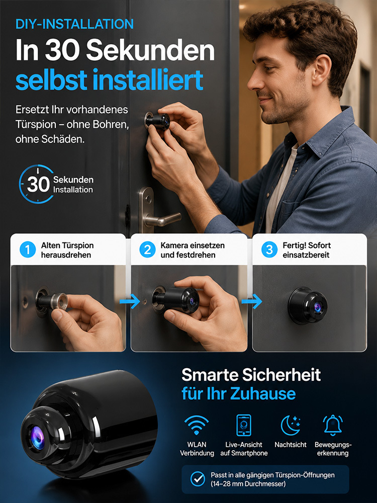 【Bis zu einem Jahr Akkulaufzeit mit einer einzigen Ladung!】Hochauflösende, intelligente, drahtlose WLAN-Katzenaugenkamera，Sicherheitsstandard und Diebstahlschutz auf Militärniveau, wasserdicht, blitzgeschützt und stoßfest!