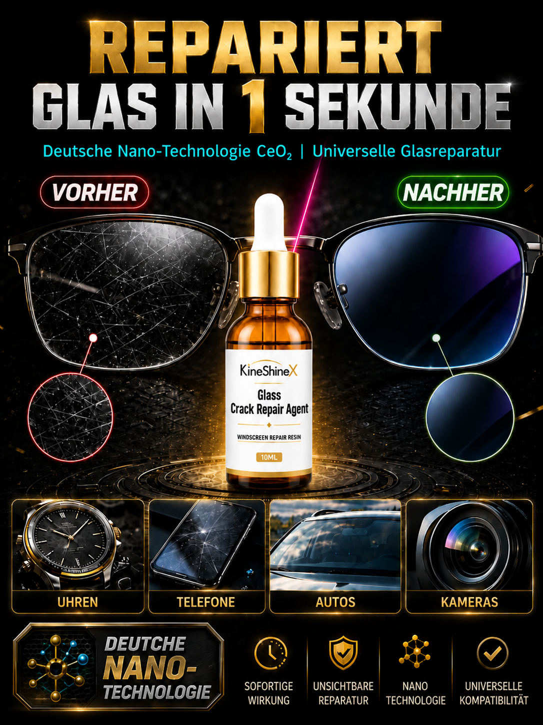 Nano-Glasreparaturharz (10ml) – Deutsche CeO₂-Technologie mit Brechungsindex 1.52 & EU-Zertifikat – Räumungsverkauf