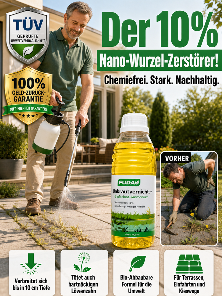 FUDA 10% Nano-Wurzel-Zerstörer Konzentrat – Biologisch abbaubarer Unkrautvernichter bis 10cm Tiefe [TÜV Geprüft & 100% Geld-Zurück-Garantie] – 1 Flasche reicht für 500m²!