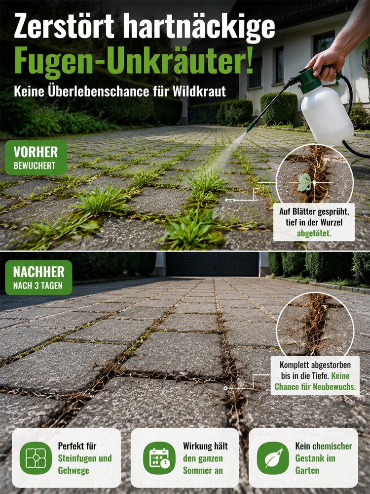 FUDA 10% Nano-Wurzel-Zerstörer Konzentrat – Biologisch abbaubarer Unkrautvernichter bis 10cm Tiefe [TÜV Geprüft & 100% Geld-Zurück-Garantie] – 1 Flasche reicht für 500m²!