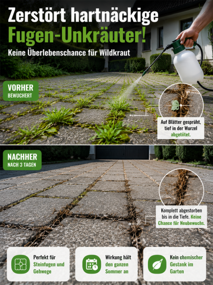 FUDA 10% Nano-Wurzel-Zerstörer Konzentrat – Biologisch abbaubarer Unkrautvernichter bis 10cm Tiefe [TÜV Geprüft & 100% Geld-Zurück-Garantie] – 1 Flasche reicht für 500m²!